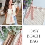 Woman carrying a stylish crocheted beach bag; close-ups highlight the beach bag’s intricate details and a crochet hook with yarn. Text reads, “Easy Beach Bag Crochet Pattern.”.
