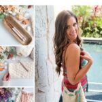 Woman by a pool holding a stylish crocheted beach bag, with inset photos showing crochet hooks, yarn, and the beach bag in progress in different colors. Text describes a summer beach bag crochet pattern.