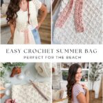 Collage showing steps to crochet a cream and pink summer beach bag, with a woman modeling the finished bag and close-ups of the crochet pattern and materials. Text reads "Easy Crochet Summer Bag".