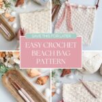 Collage showing steps, yarn, crochet hooks, and finished cream-colored beach bag with leather handle, labeled “Easy Crochet Beach Bag Pattern.”.