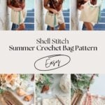 Woman holding a handmade crochet beach bag, with step-by-step images and materials for making a shell stitch summer crochet bag. Text: "Shell Stitch Summer Crochet Bag Pattern – Easy.
