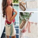 A woman holds a crocheted beach bag; additional images show yarn, crochet hooks, and close-ups of the bag with colored ties. Text reads: "Simple Stitches Crochet Bag Pattern.