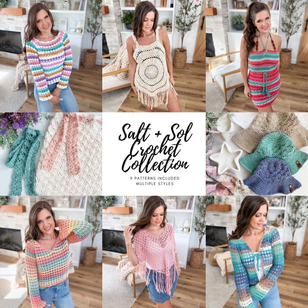 Collage of women modeling colorful crochet tops, dresses, and hats arranged around text reading “Salt + Sol Crochet Collection, 9 patterns included, multiple styles” in the center. Discover vibrant crochet patterns—featuring details like the delicate shell stitch—perfect for every style.