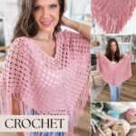 Woman wearing a pink crocheted poncho; close-ups show yarn, crochet hooks, and intricate poncho details. Text reads "Free Crochet Poncho Pattern.