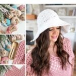 Collage showing yarn, a woman wearing a white sun hat and pink shell stitch poncho, and close-ups of the crochet pattern. Text reads: "Shell Stitch Poncho Pattern. Easy. Summery. Timeless." Discover this free crochet poncho pattern—perfect for adding classic style to your summer wardrobe.