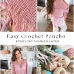 Collage shows a woman modeling a pink crochet poncho, yarn skeins labeled "Fair Cotton," and close-ups of the poncho’s stitch details and fringe, with text "Easy Crochet Poncho Everyday Summer Layer." Discover inspiration for your next project or find a free crochet poncho pattern to create this stylish summer layer yourself.