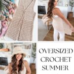 Collage showing a beige crochet vest, worn by a woman in different poses, with text reading โOversized Crochet Summer Vest Pattern,โ "Solstice Vest," and featuring inspiration for a free crochet poncho pattern.