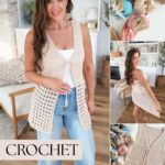 Woman modeling a crocheted beige summer vest, surrounded by yarn, supplies, and close-up project images, with the text "Crochet Summer Vest"โperfect inspiration for anyone searching for a free crochet poncho pattern.