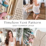 Collage showing a crocheted beige vest, balls of yarn, a crochet hook, and a woman modeling the finished vest in a cozy living room setting. Text reads, "Timeless Vest Pattern, Easy Summer Layer," perfect for those who love discovering new styles or searching for a free crochet poncho pattern.