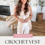 Woman wearing a beige crochet vest and hat stands in a modern living room. Text reads โ9 sizes XSโ5X. Crochet vest pattern and free crochet poncho pattern. mjsoffthehookdesigns.com.โ.