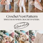 Collage showing a woman modeling a beige crochet vest, labeled as an intermediate vest pattern, with images of yarn, flowers, and crochet tools belowโperfect inspiration for your next project or to pair with your favorite free crochet poncho pattern.