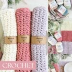 Three crocheted placemats in cream, pink, and lavender are rolled on a plate, each secured with a labeled band. Yarn balls and finished placemats are shown in additional images, offering inspiration for your next project. Text reads “Crochet Placemat Pattern,” highlighting this beautiful and easy-to-follow crochet placemat pattern.