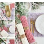 Crocheted placemats in pink and off-white, crafted using a charming crochet placemat pattern, are displayed with gold utensils, plates, and yarn, surrounded by greenery and a woven towel.