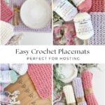 Four photos show crocheted placemats in pink and purple, yarn balls labeled “Cottage Cotton,” utensils, and place cards, with text reading “Easy Crochet Placemats Perfect For Hosting.” This simple crochet placemat pattern is ideal for adding a handmade touch to your next gathering.