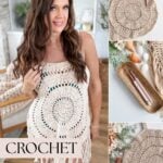 Woman wearing a beige crocheted coverup with circular patterns, shown alongside close-ups of the coverup, yarn, and crochet tools in a home setting. Text reads “CROCHET COVERUP.” Perfect inspiration for your next project—discover the crochet beach cover up pattern behind this stylish design.