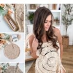 Collage showing a woman wearing a crocheted circle coverup and close-up images of the coverup, yarn, hook, and pattern supplies on a wooden surface. Text: Crochet Beach Cover Up Pattern.