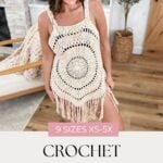 Woman wearing a cream-colored, fringed crochet coverup, sitting indoors beside a chunky knit blanket and a leafy plant. Text overlay promotes a crochet beach cover up pattern available in 9 sizes XS–5X.