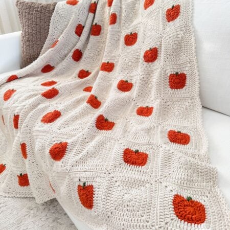 Beige crocheted blanket with red and green apple motifs, inspired by a crochet pumpkin blanket pattern, draped over a white couch and taupe textured pillow in a bright room.