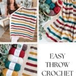Collage showing a woman holding a striped crochet blanket, yarn balls in a basket, and close-ups of a striped crochet throw. Text reads: “MJ’s Signature Throw Blanket” and “Easy Throw Crochet Pattern.” Perfect for those looking for an approachable and stylish crochet blanket pattern to add warmth and charm to any space.