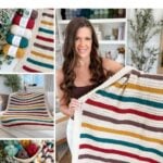 Woman holding a crocheted striped blanket with red, gold, teal, and cream colors; featuring a cozy crochet blanket pattern. Yarn skeins and the finished blanket are shown from multiple angles in a warm, inviting room.