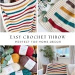 Collage showing a woman holding a striped crochet throw, close-ups of the throw and its detailed stitching, yarn skeins used, and the finished throw—made using an easy crochet blanket pattern—draped over a white sofa in a bright living room.