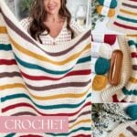 Woman holding a striped crochet throw blanket; close-ups show yarn in red, gold, teal, and brown colors along with the completed blanket. Text reads “Crochet Blanket Pattern.”.