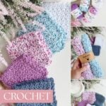 Assorted crocheted dishcloths in various pastel colors are displayed with yarn skeins and flowers. Text reads “Crochet Dishcloth Pattern,” showcasing an easy crochet dishcloth pattern perfect for beginners.