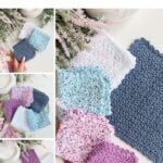 Collage of crocheted dishcloths in various colors and textures arranged on a white surface, with text reading “Crochet Dishcloth Pattern: Quick • Beginner • Practical” at the top, showcasing an easy crochet dishcloth pattern perfect for all skill levels.
