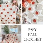 Collage showing a cream-colored crochet blanket with orange pumpkins, individual pumpkin squares, and the text: “Easy Fall Crochet Throw Pattern” and “The Pumpkin Patch Blanket.” This cozy display highlights a charming crochet pumpkin blanket pattern perfect for autumn décor.