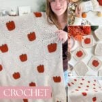 Woman holding a cream-colored crochet blanket with orange squares, yarn and crochet squares shown nearby; text reads “Crochet Fall Blanket.” Perfect for autumn, this cozy scene beautifully showcases a stunning crochet pumpkin blanket pattern.