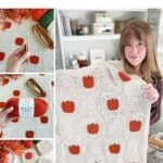 Collage of a woman holding a crocheted blanket with orange pumpkin squares, plus close-ups of yarn, crochet hooks, and the crochet pumpkin blanket pattern in progress.