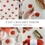 A crochet pumpkin blanket pattern is beautifully showcased in this throw, featuring orange pumpkins on cream squares, surrounded by crochet tools and yarn, all displayed in a cozy fall-themed setting.