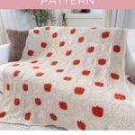 Beige crochet blanket with orange pumpkin squares draped over a white couch; text above and below describes it as a cozy fall crochet pumpkin blanket pattern inspired by classic granny squares.