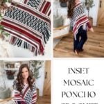 A woman wears a mosaic crochet poncho with a geometric pattern in black, white, and red stripes and fringe trim. Text reads: “Painted Desert Mosaic Poncho” and “Inset Mosaic Poncho Crochet Pattern.”