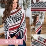 Woman wearing a long-sleeved, fringed poncho featuring a geometric mosaic crochet pattern in black, white, brown, and red.
