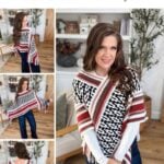 A woman models an Inset Mosaic crochet poncho pattern with a geometric design in black, white, and rust, featuring fringe trim.