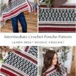 A woman wears a handmade, fringed mosaic crochet poncho pattern featuring a geometric black, white, and red design, with text overlay titled “Intermediate Crochet Poncho Pattern: Learn Inset Mosaic.”