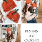 A woman and a baby model matching orange crocheted pumpkin hats with green stems, accompanied by text for this pumpkin hat crochet pattern.
