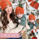 A woman holding a baby, both wearing crochet pumpkin hats with green stems and branded leather tags.