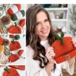 A woman holds a finished crochet pumpkin hat, with process shots of yarn and hats to the left. Text reads: “Crochet Fall Hat Pattern. Intermediate · Warm · Accessory.”