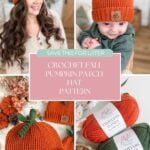 A woman and a baby wear orange crochet pumpkin hats in a collage featuring the finished hat and two skeins of yarn, with text for a pumpkin hat pattern.